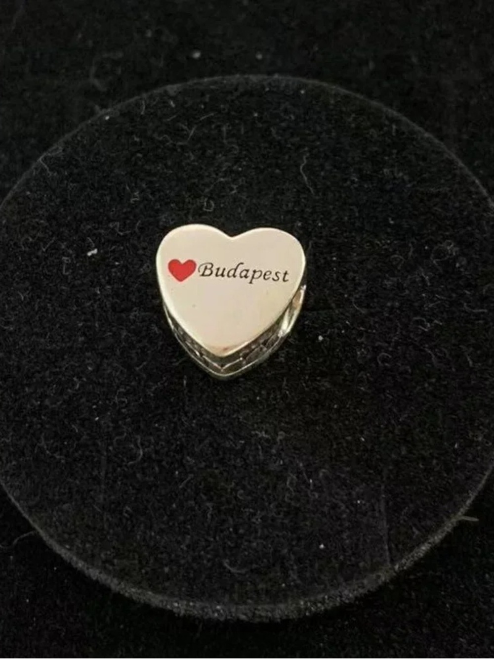Pandora Silver Heart Charm with Red Heart and 'Budapest' Script
